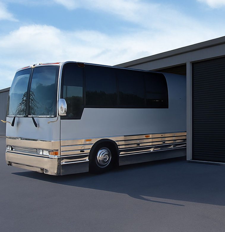 Luxury RV backs into RV Storage Unit.